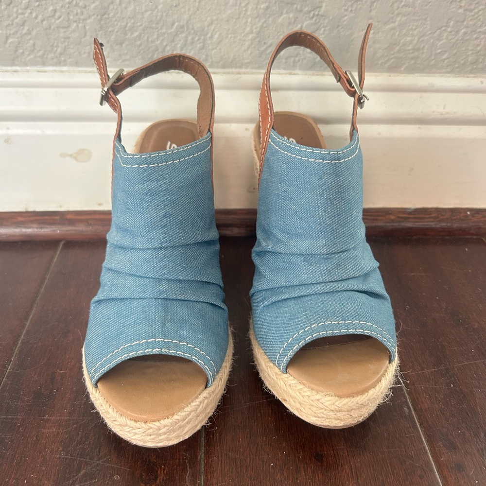 Soda Blue Denim Open-Toe Wedge Sandals